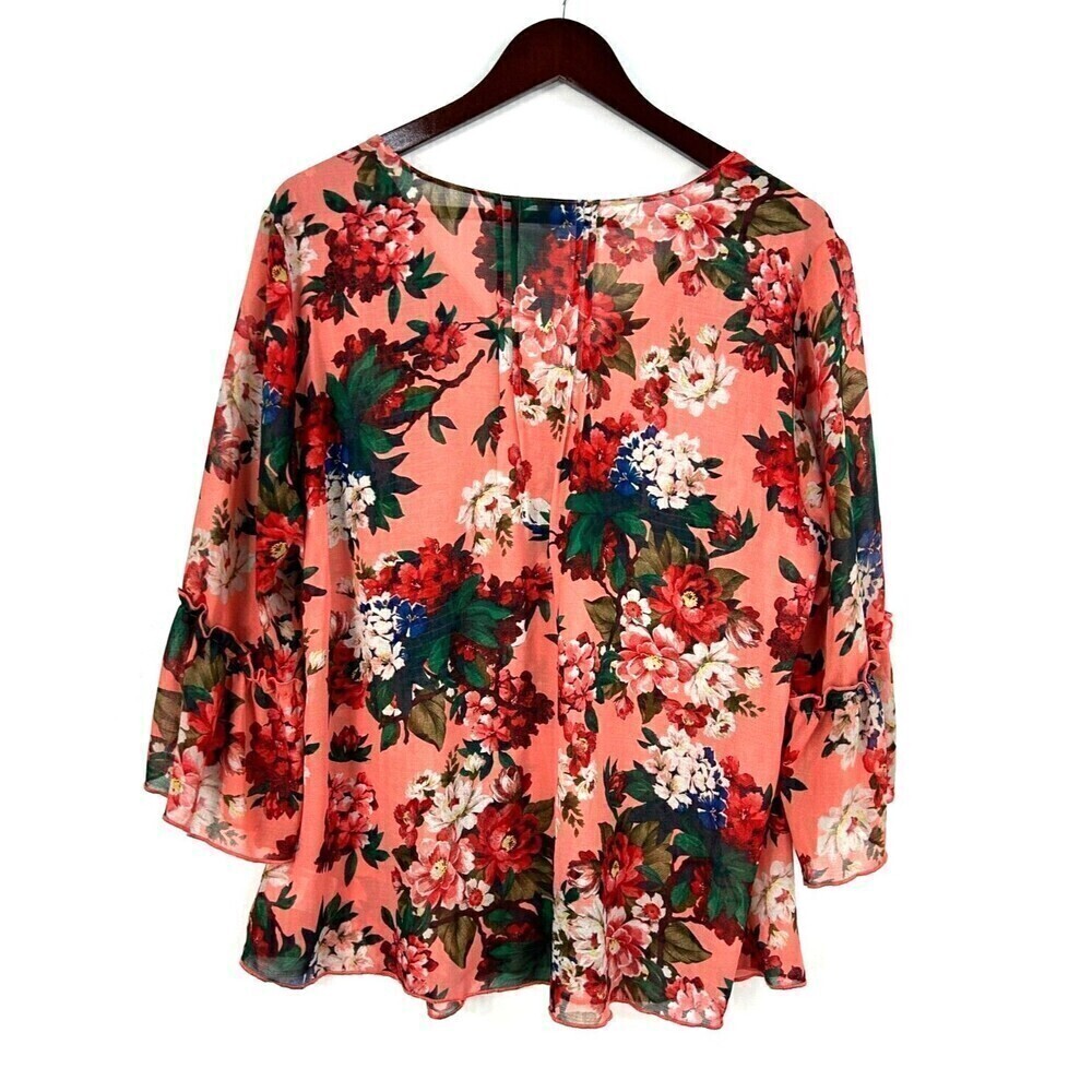 New Vintage America Blues Women Sz 1X Pink Blouse Floral Smocked Chiffon Top N1 - Picture 3 of 12
